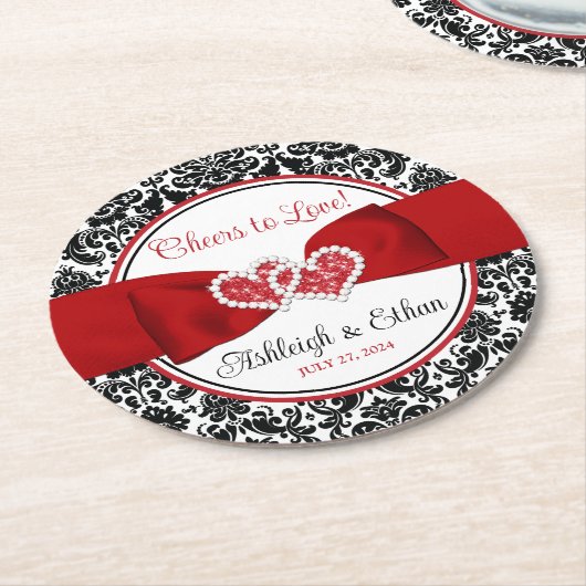 Rood, Zwart, Wit Damast Liefde Harten Bruiloft Ronde Kartonnen Onderzetter (Gebogen)