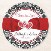Rood, Zwart, Wit Damast Liefde Harten Bruiloft Ronde Kartonnen Onderzetter (Voorkant)