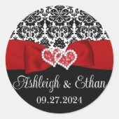 Rood, Zwart, Wit Damast Liefde Harten Bruiloft Ronde Sticker (Voorkant)