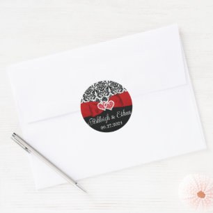 Rood, Zwart, Wit Damast Liefde Harten Bruiloft Ronde Sticker