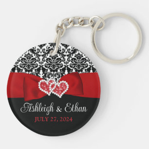 Rood, Zwart, Wit Damast Liefde Harten Bruiloft Sleutelhanger