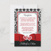 Rood, zwart, wit damast, liefdesharten behuizing RSVP kaartje (Voorkant)