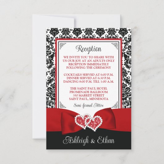 Rood, zwart, wit damast, liefdesharten behuizing RSVP kaartje (Voorkant)