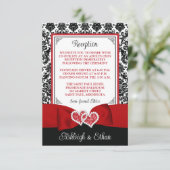 Rood, zwart, wit damast, liefdesharten behuizing RSVP kaartje (Staand voorkant)