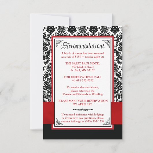 Rood, zwart, wit damast, liefdesharten behuizing RSVP kaartje (Achterkant)