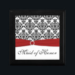Rood, Zwart, Wit Damast Maid of Honor Trinket Box Cadeaudoosje<br><div class="desc">Deze aanpasbare zwart-witte damask sieradendoos heeft een rood FAUX lint en juwelenbroche erop. U kunt de woorden "Maid of Honor" wijzigen in elk lid van een bruiloftsfeest dat u nodig hebt, zoals de naam van de ontvanger, hun monogrammen of gewoon "Thank You". Als u verzoeken om wijzigingen hebt, of hulp...</div>