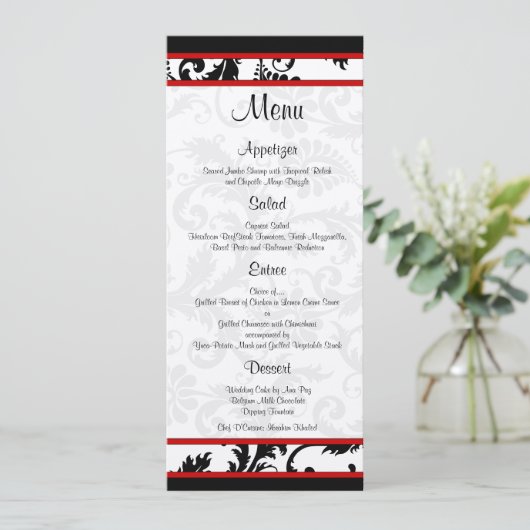 Rood Zwart Wit Damast Monogram Menukaart (Staand voorkant)