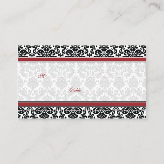 Rood, Zwart, Wit Damast Wedding Place Cards Plaatskaartje (Voorkant)
