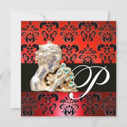 ROOD, ZWART, WIT DAMASTEN SIEREN MONOGRAM KAART (Voorkant)