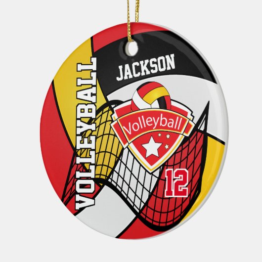 Rood, zwart, wit en goudvolleybal keramisch ornament (Links)