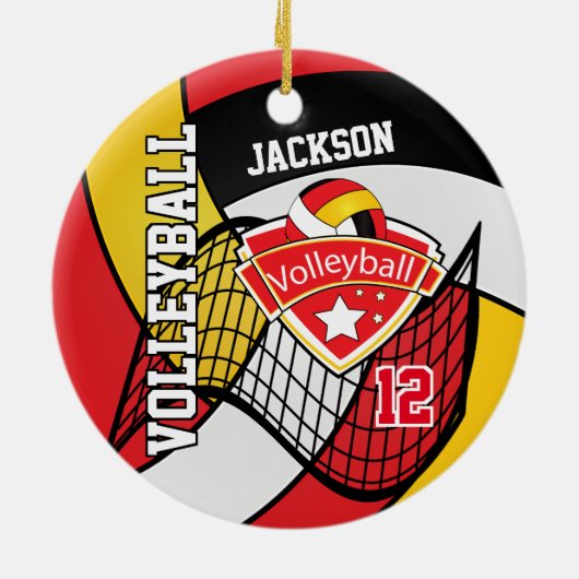 Rood, zwart, wit en goudvolleybal keramisch ornament (Achterkant)