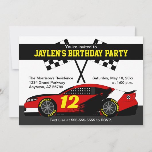 Rood Zwart Wit Geel Race Auto Verjaardagsfeest Kaart (Voorkant)