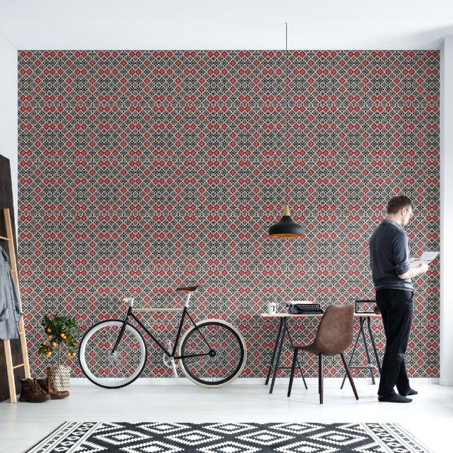 Rood Zwart Wit Geometrisch Folk Patroon Behang (Woonkamer)