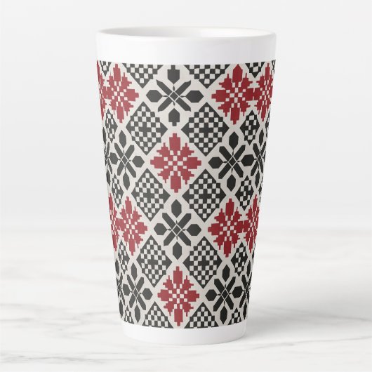 Rood Zwart Wit Geometrisch Folk Patroon Latte Mok (Voorkant)