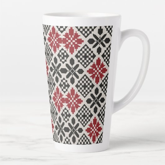 Rood Zwart Wit Geometrisch Folk Patroon Latte Mok (Rechts)