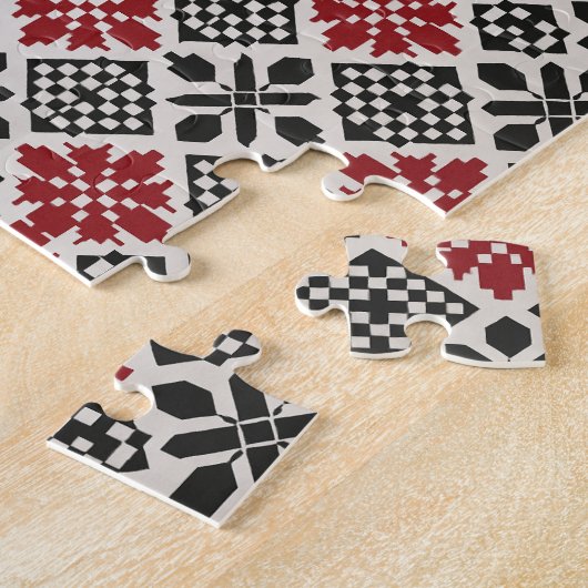 Rood Zwart Wit Geometrisch Folk Patroon Legpuzzel (Zijkant)