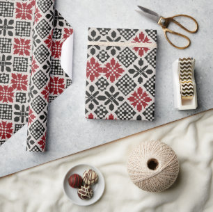 Rood Zwart Wit Geometrisch Volkspatroon Cadeaupapier