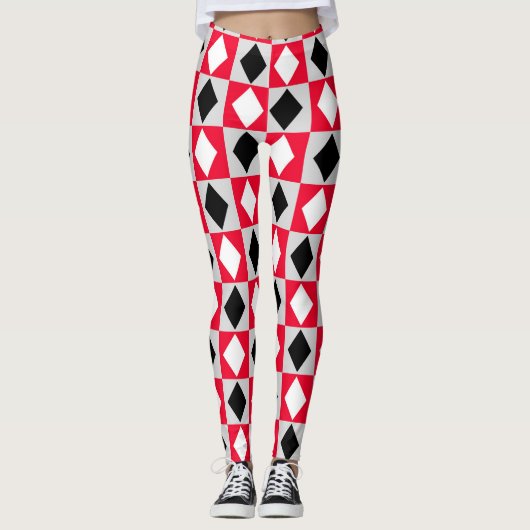 Rood Zwart Wit Geometrische Rhombus Diamant Leggings (Voorkant)