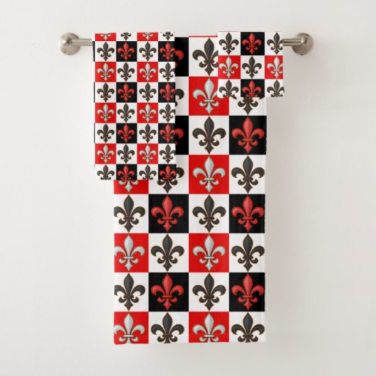 Rood Zwart Wit Geruit Fleur-de-lis Design Bad Handdoek (Insitu)