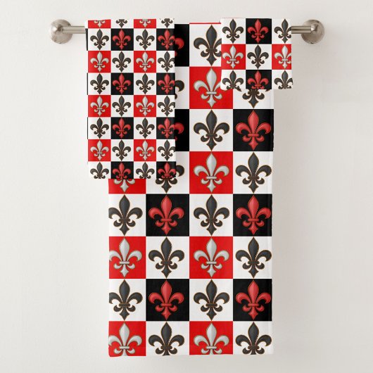 Rood Zwart Wit Geruit Fleur-de-lis Design Bad Handdoek
