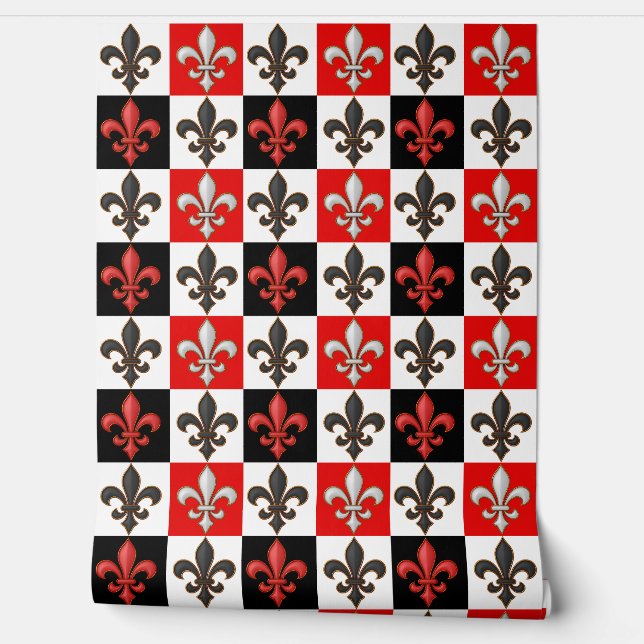 Rood Zwart Wit Geruit Fleur-de-lis Design Behang (Afrollen)