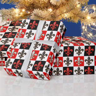 Rood Zwart Wit Geruit Fleur-de-lis Design Cadeaupapier