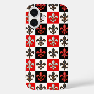 Rood Zwart Wit Geruit Fleur-de-lis Design iPhone 16 Hoesje