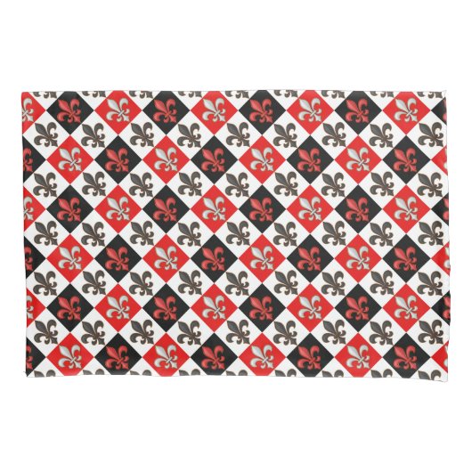 Rood Zwart Wit Geruit Fleur-de-lis Design Kussensloop (Voorkant)