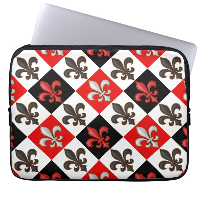 Rood Zwart Wit Geruit Fleur-de-lis Design Laptop Sleeve (Voorkant)