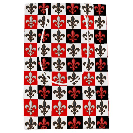 Rood Zwart Wit Geruit Fleur-de-lis Design Medium Cadeauzakje (Voorkant)