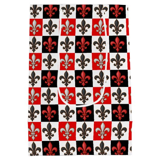 Rood Zwart Wit Geruit Fleur-de-lis Design Medium Cadeauzakje (Achterkant)