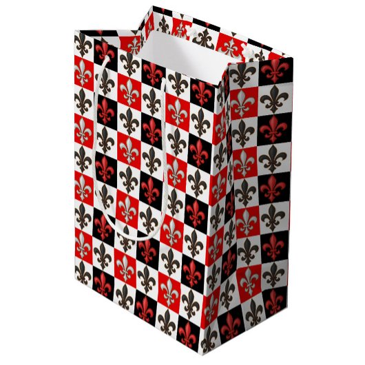 Rood Zwart Wit Geruit Fleur-de-lis Design Medium Cadeauzakje