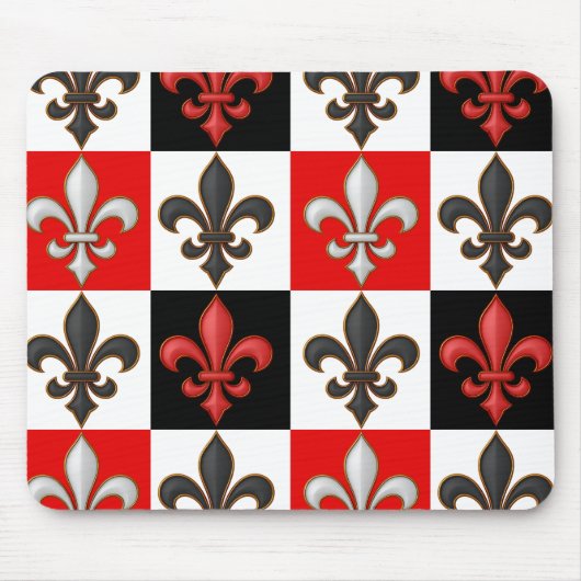 Rood Zwart Wit Geruit Fleur-de-lis Design Muismat (Voorkant)