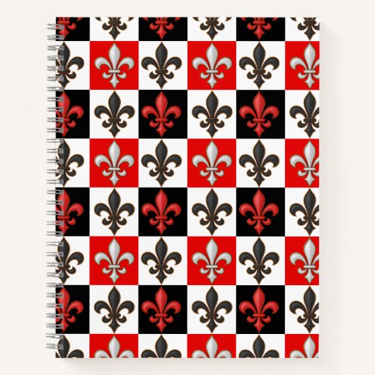Rood Zwart Wit Geruit Fleur-de-lis Design Notitieboek (Voorkant)