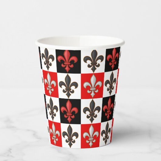 Rood Zwart Wit Geruit Fleur-de-lis Design Papieren Bekers (Links)