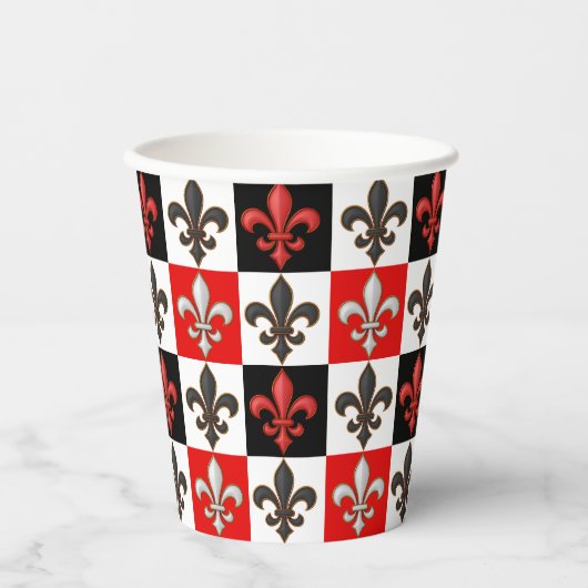 Rood Zwart Wit Geruit Fleur-de-lis Design Papieren Bekers (Voorkant)