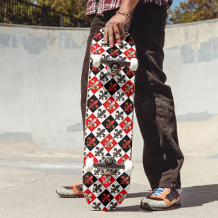 Rood Zwart Wit Geruit Fleur-de-lis Design Persoonlijk Skateboard
