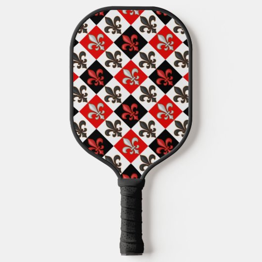 Rood Zwart Wit Geruit Fleur-de-lis Design Pickleball Paddle (Voorkant)