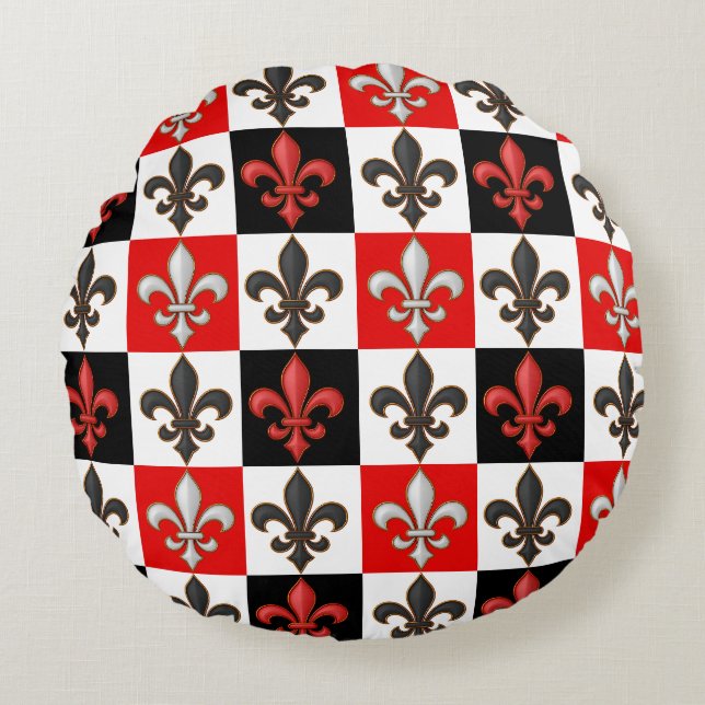 Rood Zwart Wit Geruit Fleur-de-lis Design Rond Kussen (Voorkant)