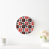 Rood Zwart Wit Geruit Fleur-de-lis Design Ronde Klok (Huis)