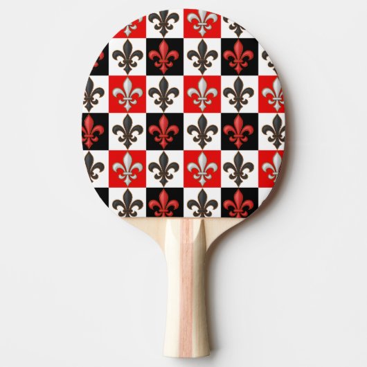 Rood Zwart Wit Geruit Fleur-de-lis Design Tafeltennisbatje (Voorkant)