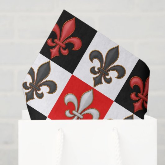 Rood Zwart Wit Geruit Fleur-de-lis Design Tissuepapier