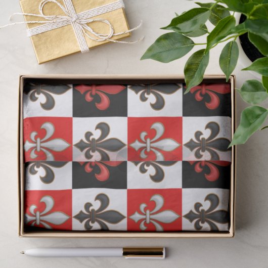 Rood Zwart Wit Geruit Fleur-de-lis Design Tissuepapier (Geschenk)