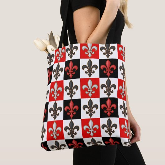 Rood Zwart Wit Geruit Fleur-de-lis Design Tote Bag