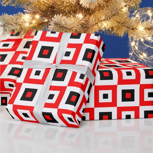 Rood Zwart Wit Geruit Vierkant Patroonontwerp Cadeaupapier