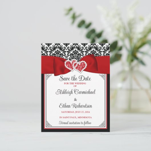 Rood, Zwart, Wit Liefde Harten Foto Save the Date (Staand voorkant)