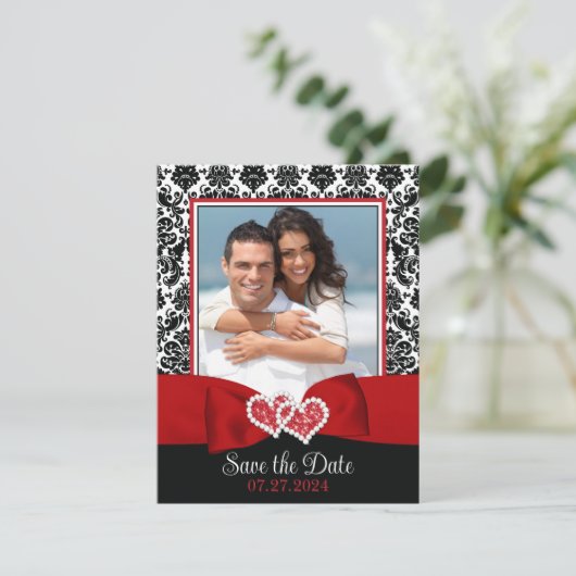 Rood, Zwart, Wit Liefde Harten Foto Save the Date (Staand voorkant)