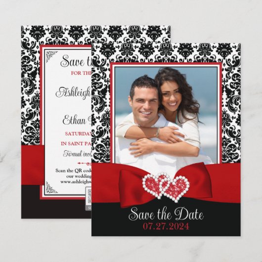 Rood, Zwart, Wit Liefde Harten Foto Save the Date (Voorkant / Achterkant)