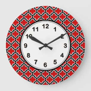 Rood Zwart Wit Marokkaans Quatrefoil Patroon #5DS Grote Klok