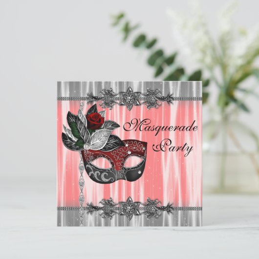 Rood Zwart Wit Masquerade Party Kaart (Staand voorkant)